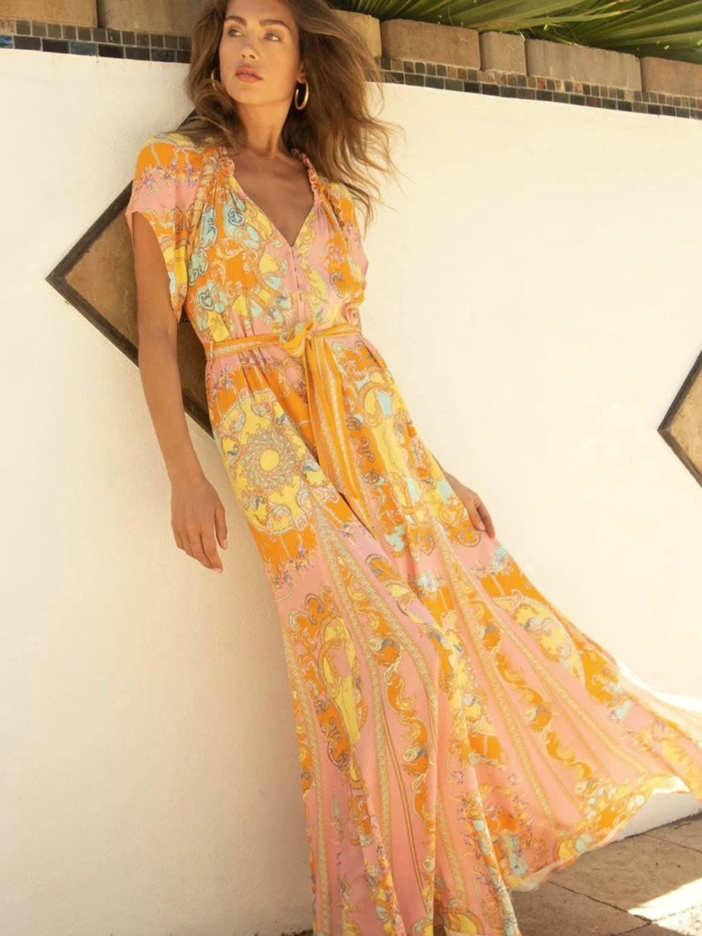 Hale Bob Paisley Tie-Waist Maxi Dress in Yellow and Pink